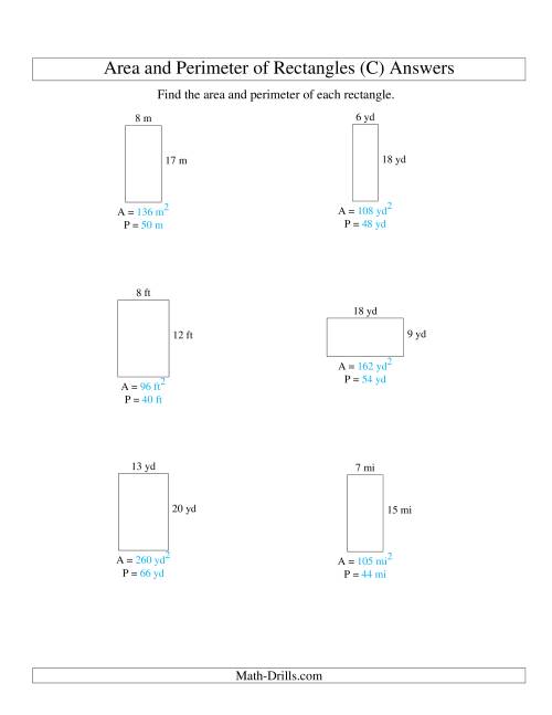 The Area and Perimeter of Rectangles (whole numbers; range 5-20) (C) Math Worksheet Page 2