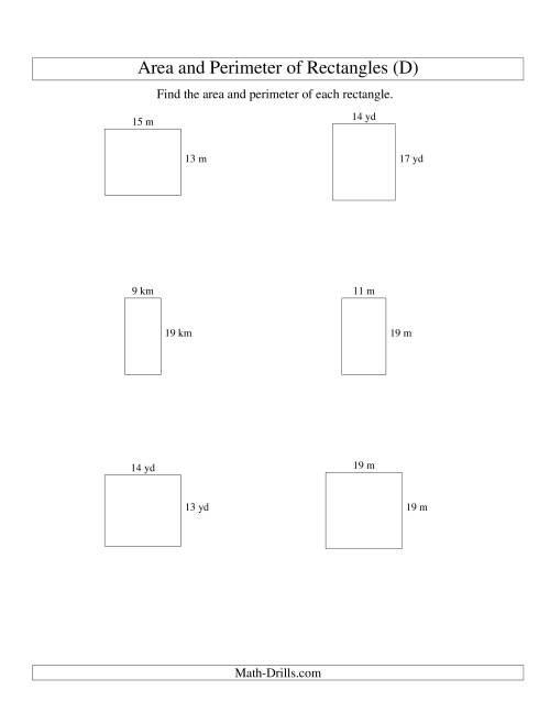 The Area and Perimeter of Rectangles (whole numbers; range 5-20) (D) Math Worksheet