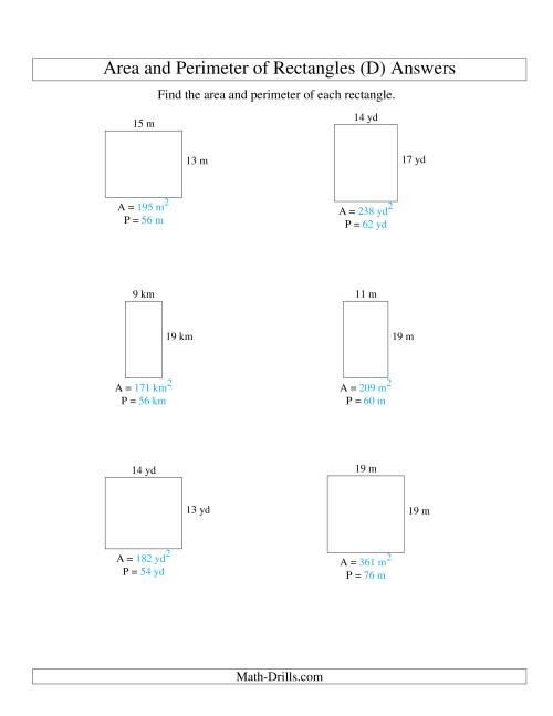 The Area and Perimeter of Rectangles (whole numbers; range 5-20) (D) Math Worksheet Page 2