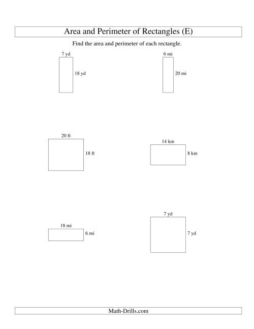 The Area and Perimeter of Rectangles (whole numbers; range 5-20) (E) Math Worksheet