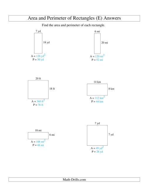 The Area and Perimeter of Rectangles (whole numbers; range 5-20) (E) Math Worksheet Page 2