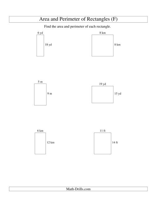 The Area and Perimeter of Rectangles (whole numbers; range 5-20) (F) Math Worksheet