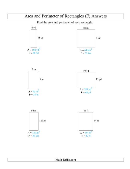 The Area and Perimeter of Rectangles (whole numbers; range 5-20) (F) Math Worksheet Page 2