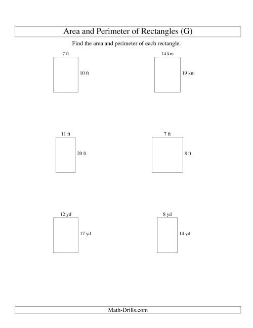 The Area and Perimeter of Rectangles (whole numbers; range 5-20) (G) Math Worksheet