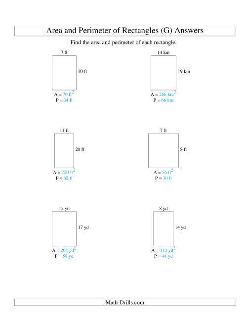 The Area and Perimeter of Rectangles (whole numbers; range 5-20) (G) Math Worksheet Page 2