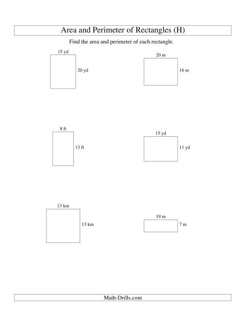 The Area and Perimeter of Rectangles (whole numbers; range 5-20) (H) Math Worksheet