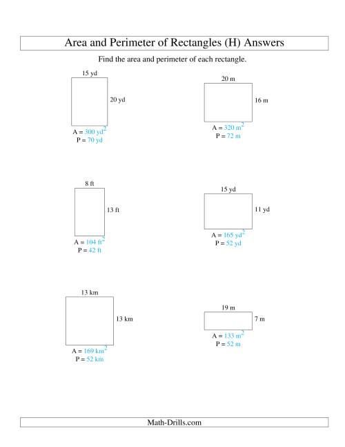 The Area and Perimeter of Rectangles (whole numbers; range 5-20) (H) Math Worksheet Page 2