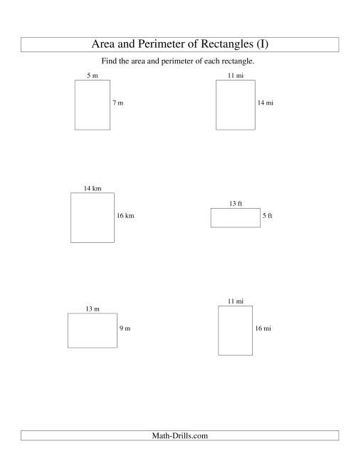 The Area and Perimeter of Rectangles (whole numbers; range 5-20) (I) Math Worksheet