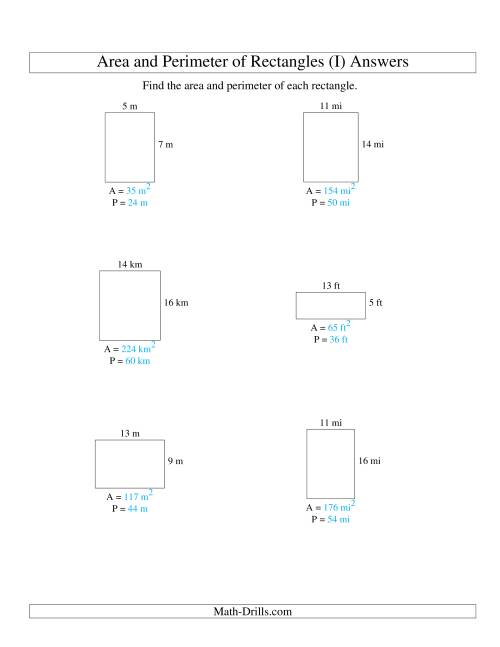 The Area and Perimeter of Rectangles (whole numbers; range 5-20) (I) Math Worksheet Page 2