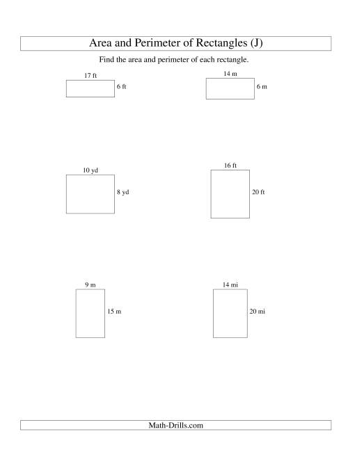 The Area and Perimeter of Rectangles (whole numbers; range 5-20) (J) Math Worksheet