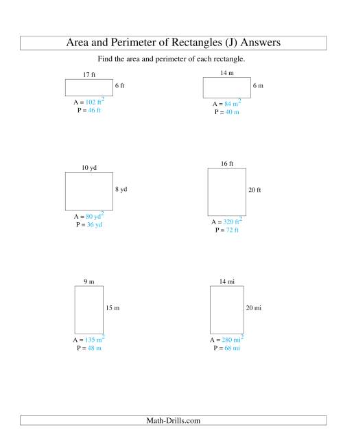 The Area and Perimeter of Rectangles (whole numbers; range 5-20) (J) Math Worksheet Page 2