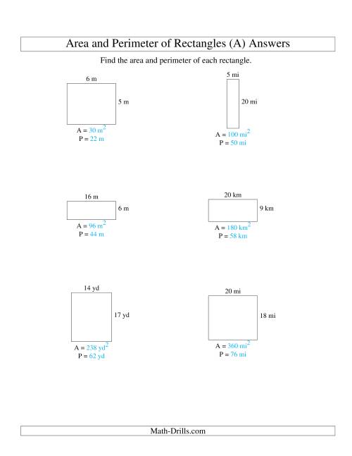 The Area and Perimeter of Rectangles (whole numbers; range 5-20) (All) Math Worksheet Page 2