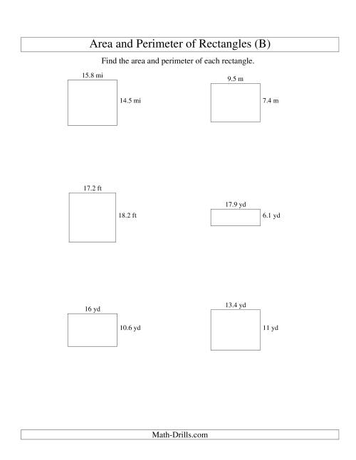 The Area and Perimeter of Rectangles (up to 1 decimal place; range 5-20) (B) Math Worksheet
