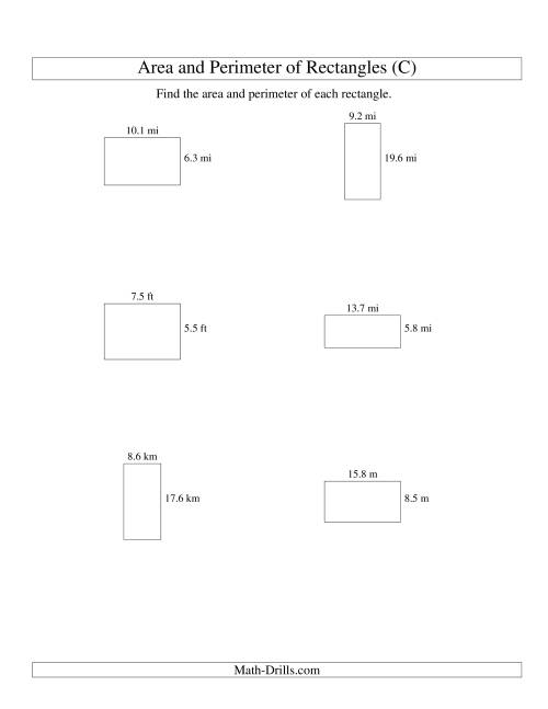 The Area and Perimeter of Rectangles (up to 1 decimal place; range 5-20) (C) Math Worksheet