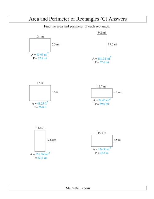 The Area and Perimeter of Rectangles (up to 1 decimal place; range 5-20) (C) Math Worksheet Page 2