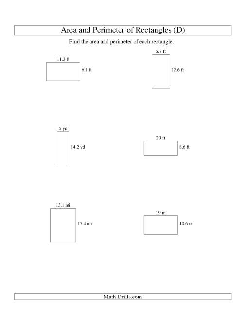 The Area and Perimeter of Rectangles (up to 1 decimal place; range 5-20) (D) Math Worksheet