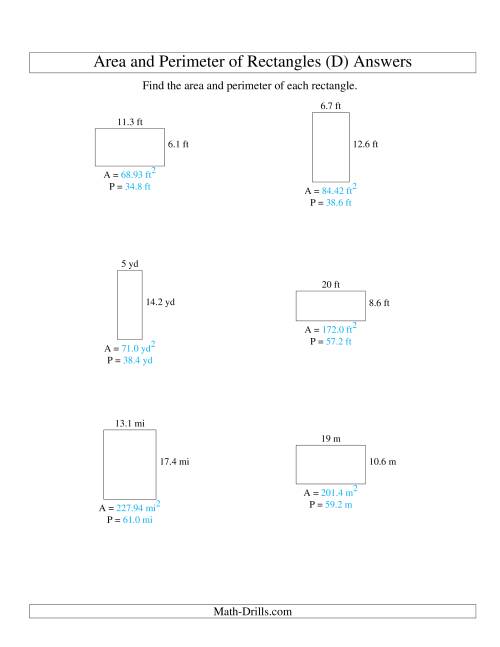 The Area and Perimeter of Rectangles (up to 1 decimal place; range 5-20) (D) Math Worksheet Page 2