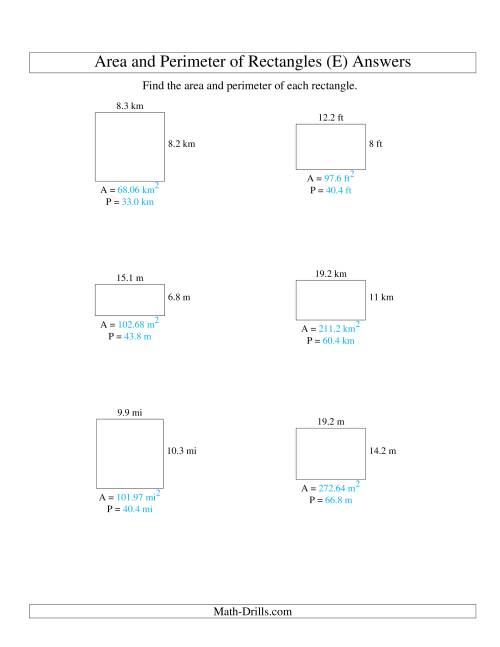 The Area and Perimeter of Rectangles (up to 1 decimal place; range 5-20) (E) Math Worksheet Page 2