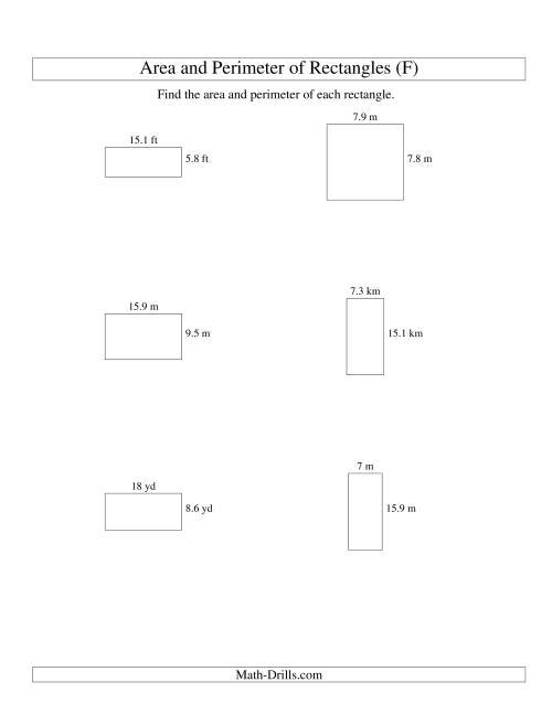 The Area and Perimeter of Rectangles (up to 1 decimal place; range 5-20) (F) Math Worksheet
