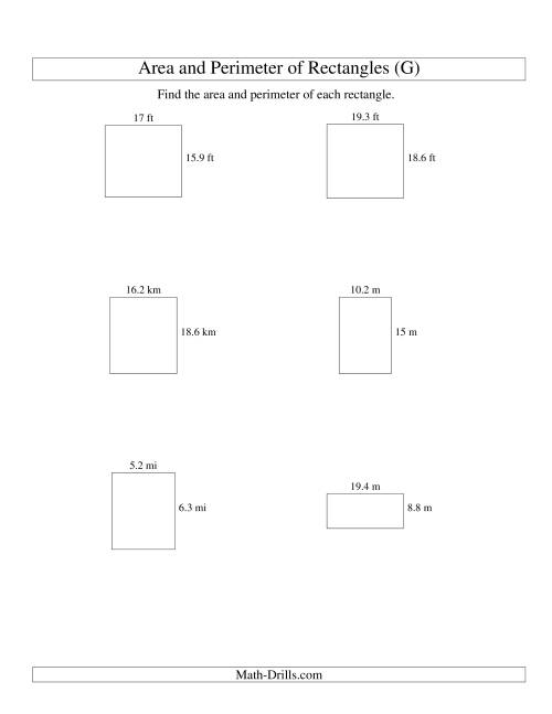 The Area and Perimeter of Rectangles (up to 1 decimal place; range 5-20) (G) Math Worksheet