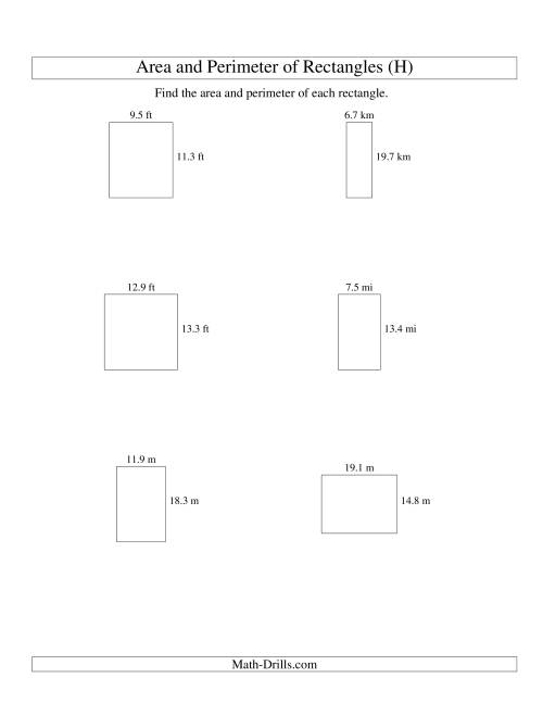 The Area and Perimeter of Rectangles (up to 1 decimal place; range 5-20) (H) Math Worksheet