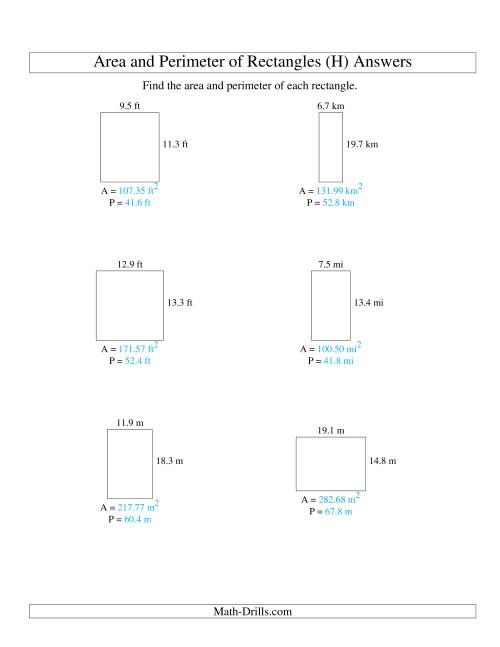 The Area and Perimeter of Rectangles (up to 1 decimal place; range 5-20) (H) Math Worksheet Page 2