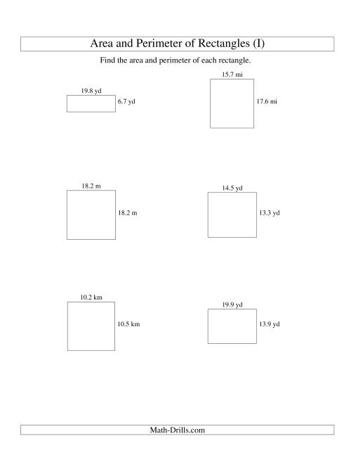 The Area and Perimeter of Rectangles (up to 1 decimal place; range 5-20) (I) Math Worksheet