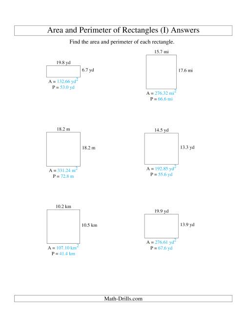 The Area and Perimeter of Rectangles (up to 1 decimal place; range 5-20) (I) Math Worksheet Page 2