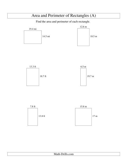 The Area and Perimeter of Rectangles (up to 1 decimal place; range 5-20) (All) Math Worksheet