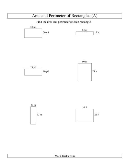 The Area and Perimeter of Rectangles (whole numbers; range 10-99) (A) Math Worksheet