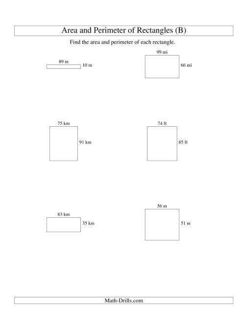 The Area and Perimeter of Rectangles (whole numbers; range 10-99) (B) Math Worksheet
