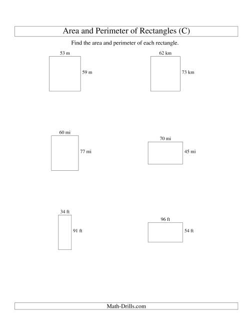 The Area and Perimeter of Rectangles (whole numbers; range 10-99) (C) Math Worksheet