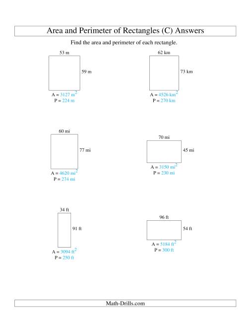 The Area and Perimeter of Rectangles (whole numbers; range 10-99) (C) Math Worksheet Page 2