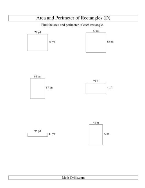The Area and Perimeter of Rectangles (whole numbers; range 10-99) (D) Math Worksheet