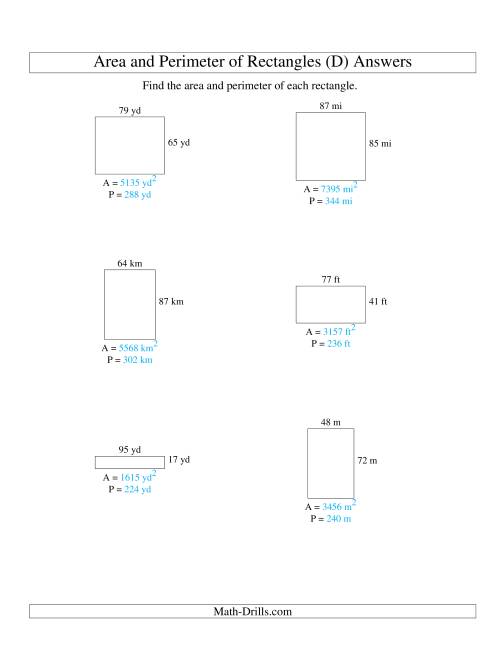 The Area and Perimeter of Rectangles (whole numbers; range 10-99) (D) Math Worksheet Page 2