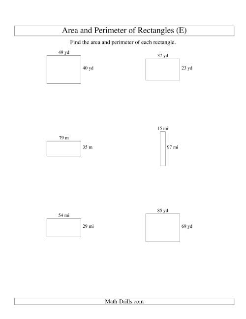 The Area and Perimeter of Rectangles (whole numbers; range 10-99) (E) Math Worksheet