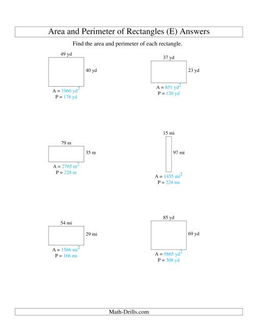 The Area and Perimeter of Rectangles (whole numbers; range 10-99) (E) Math Worksheet Page 2