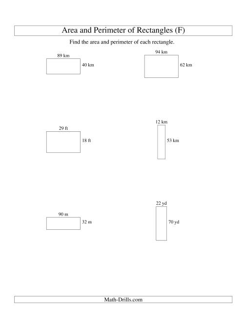 The Area and Perimeter of Rectangles (whole numbers; range 10-99) (F) Math Worksheet