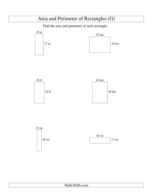 The Area and Perimeter of Rectangles (whole numbers; range 10-99) (G) Math Worksheet