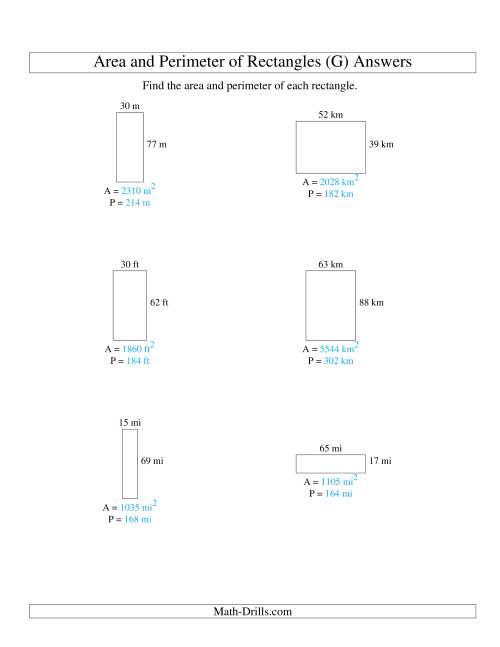 The Area and Perimeter of Rectangles (whole numbers; range 10-99) (G) Math Worksheet Page 2