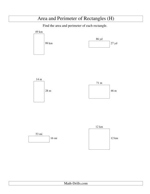 The Area and Perimeter of Rectangles (whole numbers; range 10-99) (H) Math Worksheet