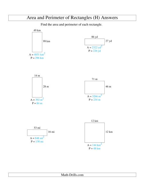 The Area and Perimeter of Rectangles (whole numbers; range 10-99) (H) Math Worksheet Page 2