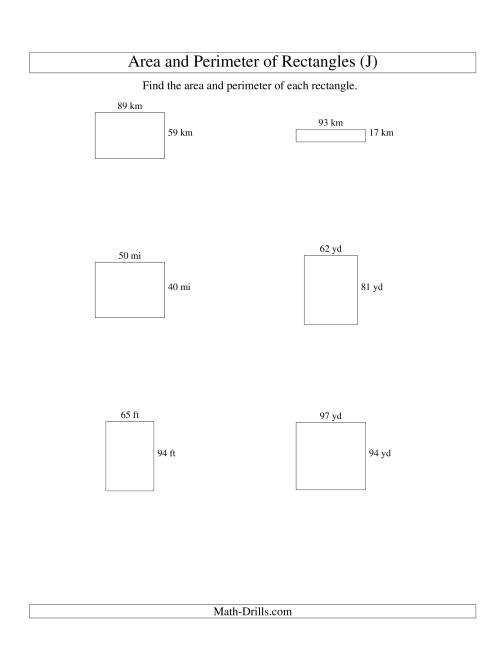 The Area and Perimeter of Rectangles (whole numbers; range 10-99) (J) Math Worksheet