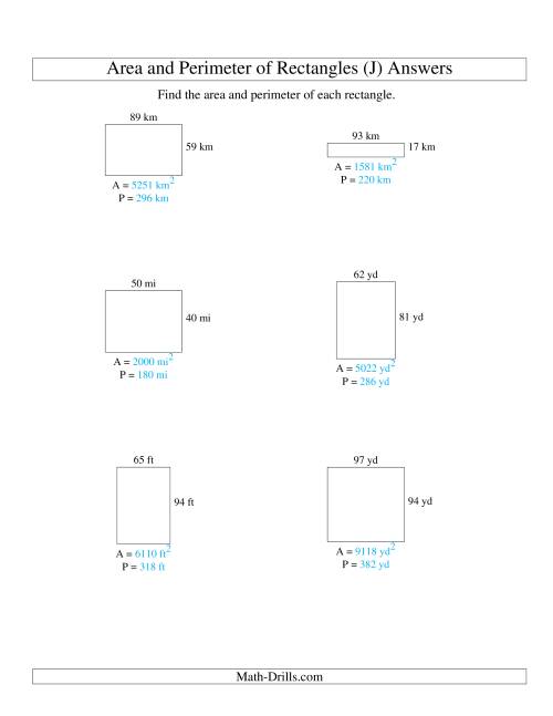 The Area and Perimeter of Rectangles (whole numbers; range 10-99) (J) Math Worksheet Page 2