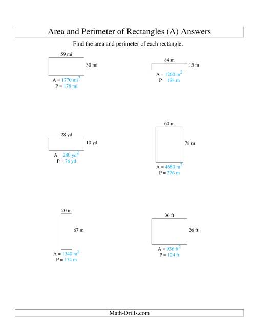 The Area and Perimeter of Rectangles (whole numbers; range 10-99) (All) Math Worksheet Page 2