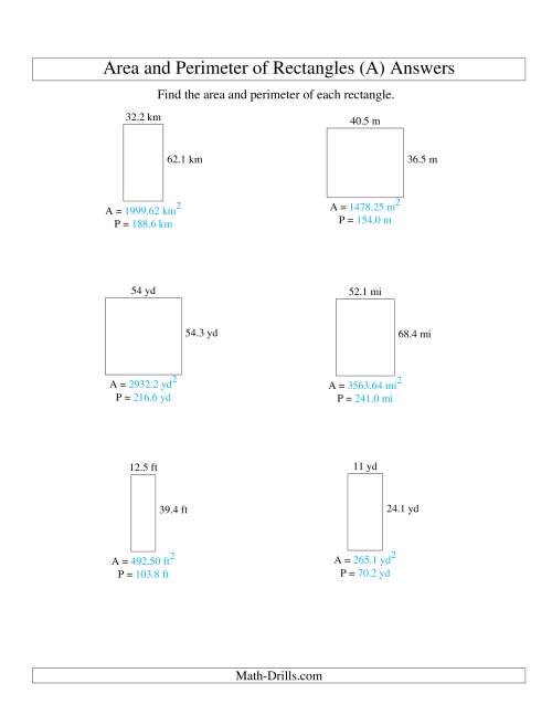 The Area and Perimeter of Rectangles (up to 1 decimal place; range 10-99) (A) Math Worksheet Page 2