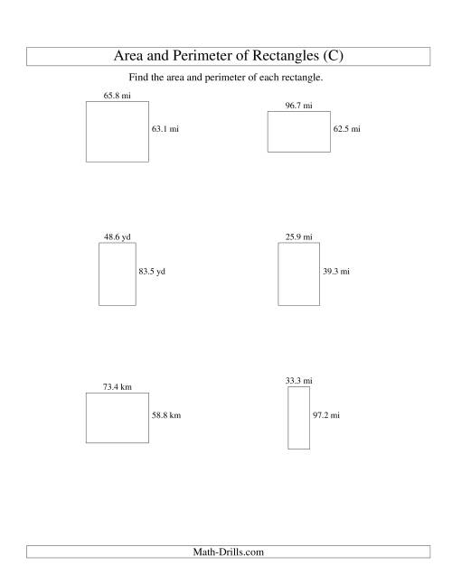 The Area and Perimeter of Rectangles (up to 1 decimal place; range 10-99) (C) Math Worksheet