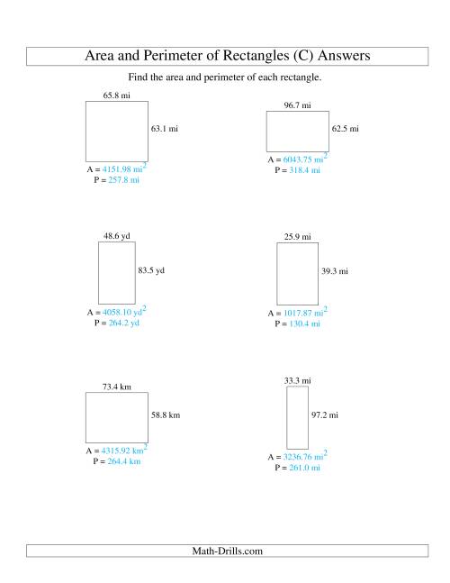 The Area and Perimeter of Rectangles (up to 1 decimal place; range 10-99) (C) Math Worksheet Page 2