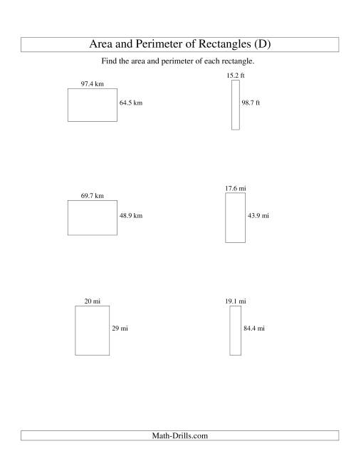 The Area and Perimeter of Rectangles (up to 1 decimal place; range 10-99) (D) Math Worksheet