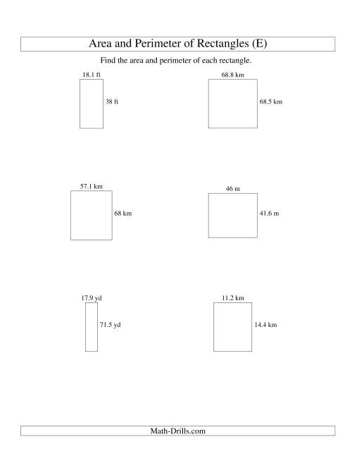 The Area and Perimeter of Rectangles (up to 1 decimal place; range 10-99) (E) Math Worksheet